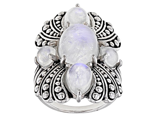 Oval, Pear Shape and Round Rainbow Moonstone, Rhodium Over Silver Ring - Size 7