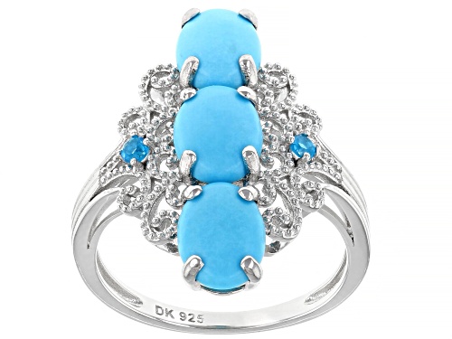 Photo of 8x6mm Oval Sleeping Beauty Turquoise with .07ctw Neon Apatite Rhodium Over Silver 3-Stone Ring - Size 8