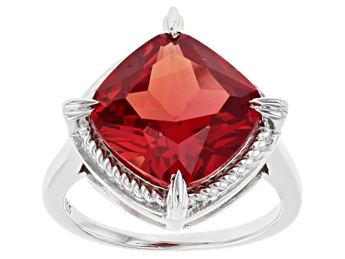 8.42ct Square Cushion Lab Created Padparadscha Sapphire Rhodium Over Silver Solitaire Ring - Size 8