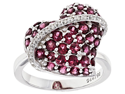 Photo of 2.07ctw Round raspberry color rhodolite with .28ctw zircon rhodium over sterling silver heart ring - Size 7