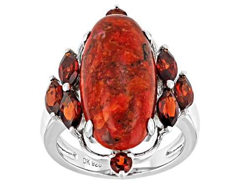 Photo of 20x10mm Oval Sponge Coral and 1.94ctw Garnet Rhodium Over Silver Ring - Size 9