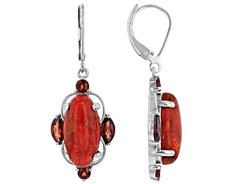 Photo of 16X8mm Oval Sponge Coral and 1.63ctw Garnet Rhodium Over Sterling Silver Earrings
