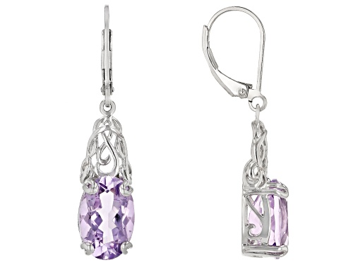 6.55CTW OVAL Rose de France AMETHYST SOLITAIRE RHODIUM OVER STERLING SILVER DANGLE EARRINGS