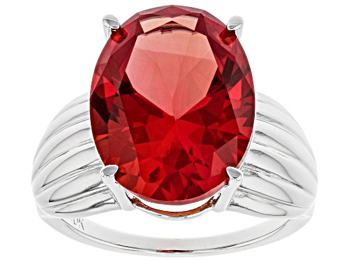 9.06ct Oval Lab Created Padparadscha Sapphire Rhodium Over Silver Solitaire Ring - Size 8