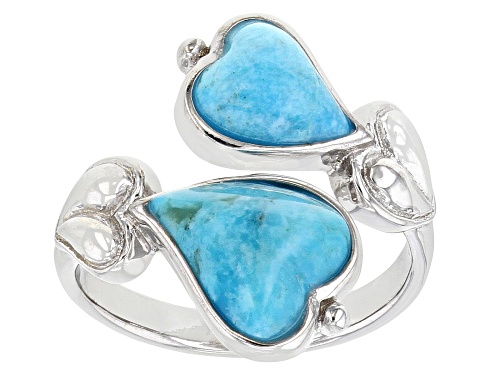 Fancy Heart Shape Composite Turquoise Rhodium Over Sterling Silver Bypass Ring - Size 6