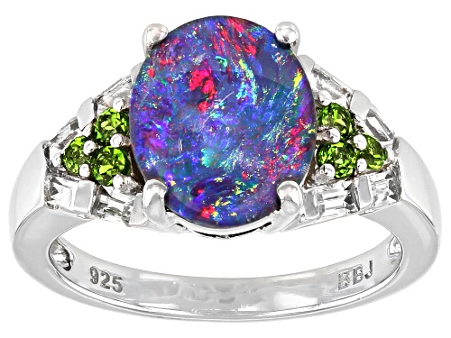 11x9mm Australian Opal Triplet, .21ctw Chrome Diopside & .29ctw White Topaz Rhodium over Silver Ring - Size 8