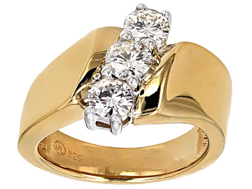 Moissanite Fire® 1.00ct Dew Round 14k Yellow Gold Over Sterling Silver Diagonal 3 Stone Ring - Size 6