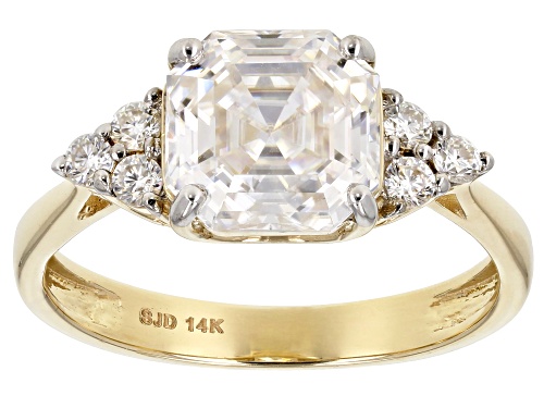 MOISSANITE FIRE® 3.14CTW DEW ASSCHER CUT AND ROUND 14K YELLOW GOLD RING - Size 10