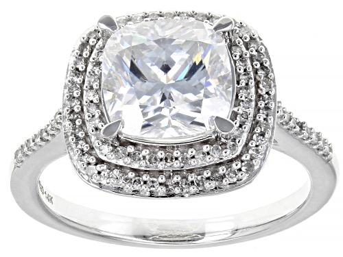Photo of MOISSANITE FIRE(R) 2.65CTW DEW CUSHION CUT AND .25CTW WHITE DIAMOND 14K WHITE GOLD RING - Size 9