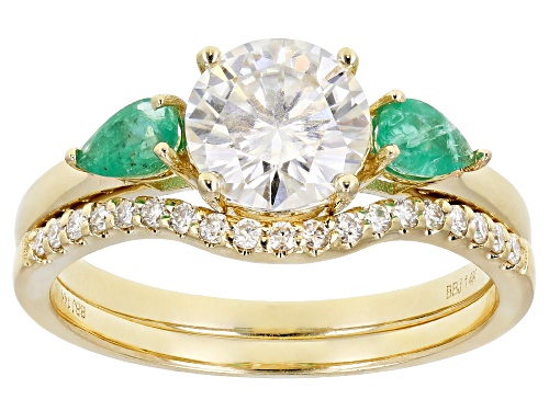 MOISSANITE FIRE(R) 1.39CTW DEW AND .40CTW ZAMBIAN EMERALD 14K YELLOW GOLD RING WITH BAND - Size 8