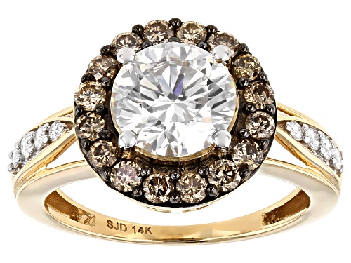 Photo of MOISSANITE FIRE(R) 2.04CTW DEW AND .56CTW CHAMPAGNE DIAMOND 14K YELLOW GOLD RING - Size 9
