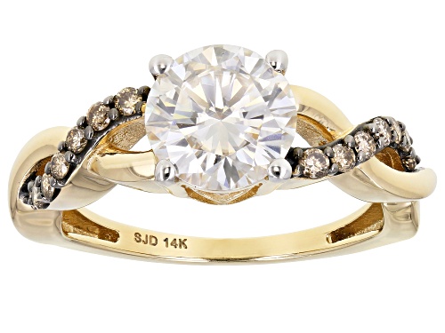 Photo of MOISSANITE FIRE(R) 1.90CT DEW  ROUND WITH CHAMPANGE DIAMOND 14K YELLOW GOLD RING - Size 8