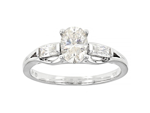 MOISSANITE FIRE(R) 1.08CTW DEW OVAL AND BAGUETTE 10K WHITE GOLD RING - Size 7