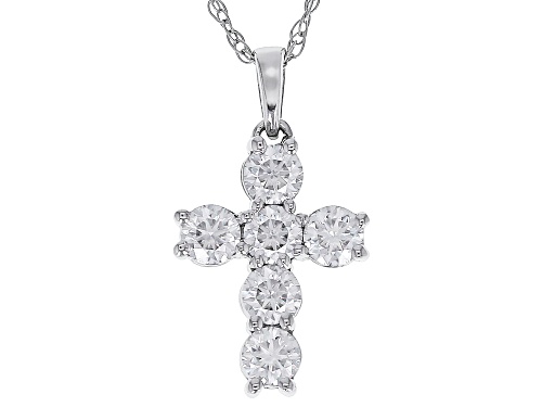 MOISSANITE FIRE® .78CTW DEW ROUND 10K WHITE GOLD CROSS PENDANT AND CHAIN