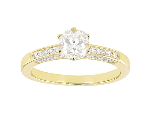 Photo of MOISSANITE FIRE(R) 1.10CTW DEW CUSHION CUT AND ROUND 3K YELLOW GOLD ENGAGEMENT RING - Size 5