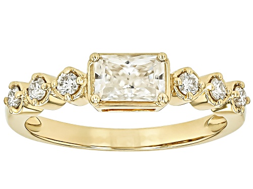 MOISSANITE FIRE(R) .88CTW DEW RADIANT AND ROUND 10K YELLOW GOLD RING - Size 6