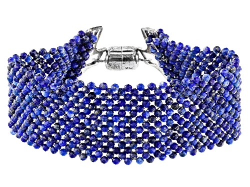 Photo of 2.5mm Round Lapis Lazuli Rhodium Over Sterling Silver Woven Lace Bracelet - Size 7.5