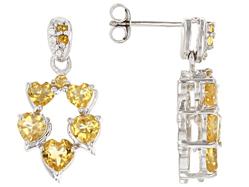 Photo of 2.65ctw Heart Shaped With 0.10ctw Round Citrine And 0.04ctw Zircon Rhodium Over Silver Earrings