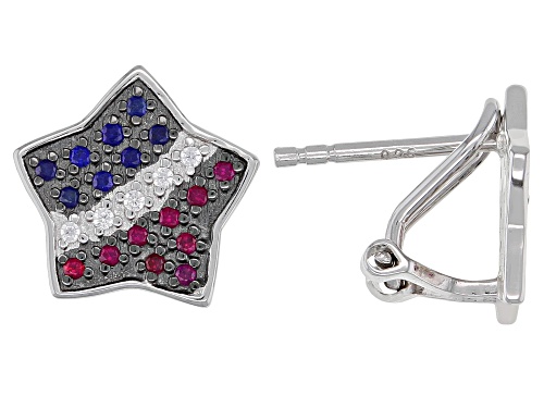 .19ctw Lab Created Red Ruby & Sapphire With .06ctw White Zircon Rhodium Over Silver Earrings