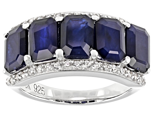 Photo of 5.61ct Rectangular Octagonal Blue Sapphire and .55ctw Zircon Rhodium Over Silver Band Ring - Size 8