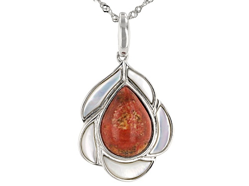 14x10mm Sponge Coral and White Mother-of-Pearl Rhodium Over Silver Enhancer With Chain