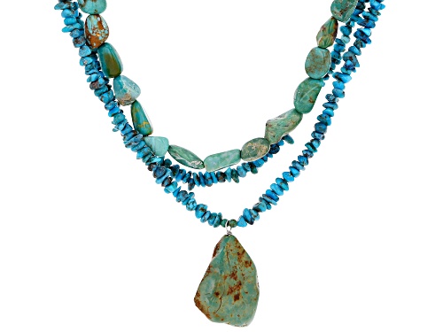 Mixed Shapes Kingman Turquoise Rhodium Over Sterling Silver 3-Strand Bead Necklace - Size 18