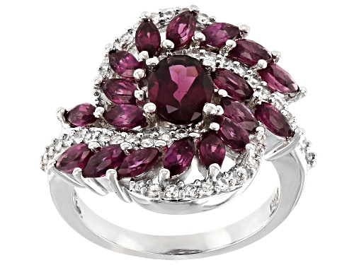 Photo of 3.76ctw Raspberry Color Rhodolite with 0.36ctw Round White Zircon Rhodium Over Silver Ring - Size 7