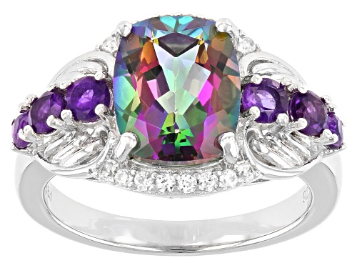 Photo of 4.20ctw Mystic Fire® Green Topaz, African Amethyst and White Zircon Rhodium Over Silver Ring - Size 7