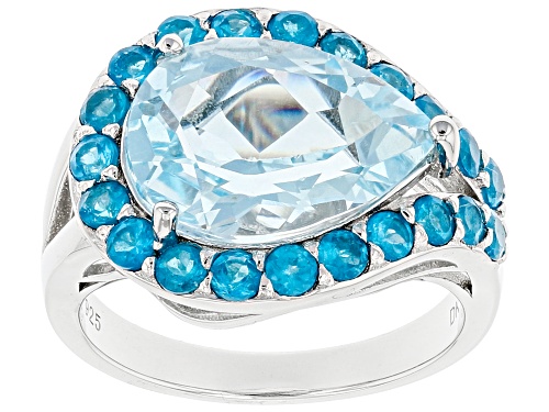 Photo of 4.70ct Pear Shape Glacier Topaz(TM) and 0.78ctw Neon Apatite Rhodium Over Silver Ring - Size 7