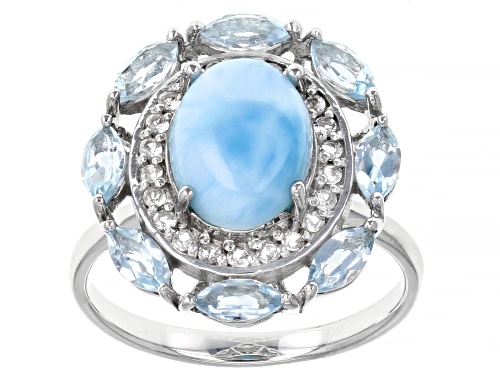 Photo of 10x8mm Oval Larimar, 1.20ctw Glacier Topaz and .17ctw White Topaz Rhodium Over Silver Ring - Size 8