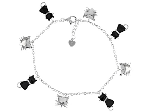 Photo of Black and White Enamel and Rhodium Over Sterling Silver "Kitty" Charm Bracelet - Size 7.25