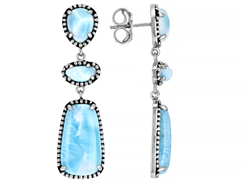 18X10mm, 9x7mm, 8X4mm fancy shaped cabochon larimar rhodium over sterling silver dangle earrings