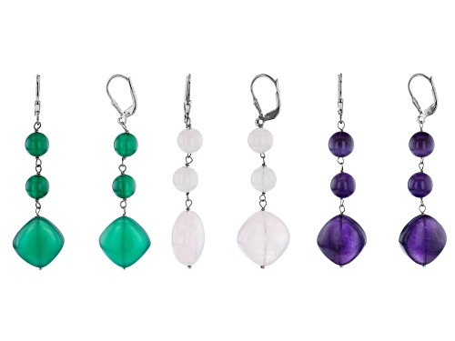 Photo of AMETHYST, ROSE QUARTZ, GREEN ONYX RHODIUM OVER STERLING SILVER EARRINGS SET OF 3