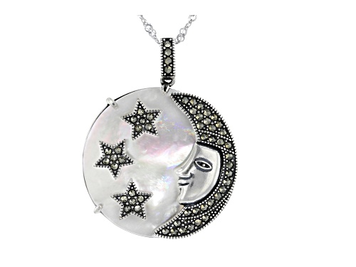 30mm Mother-of-Pearl with Silver Marcasite Rhodium Over Sterling Silver Pendant with Chain
