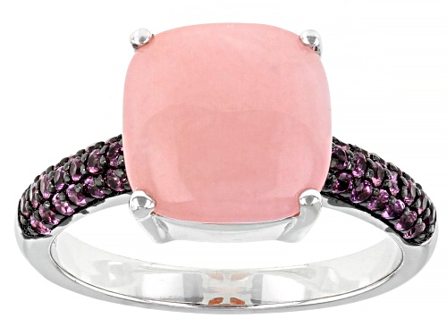 Photo of 10mm cushion Peruvian Pink Opal with .41ctw round rhodolite rhodium over sterling silver ring - Size 8