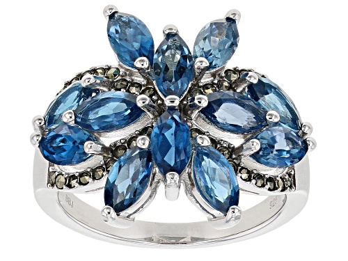 Photo of 3.53ctw Marquise London Blue Topaz with round White Marcasite Rhodium Over Sterling Silver Ring - Size 7