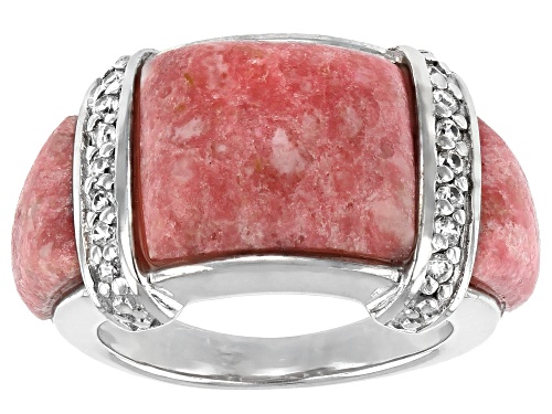 Photo of 13x11mm and 9x5x9.5mm Thulite with 0.29ctw  Zircon Rhodium Over Silver Ring - Size 7