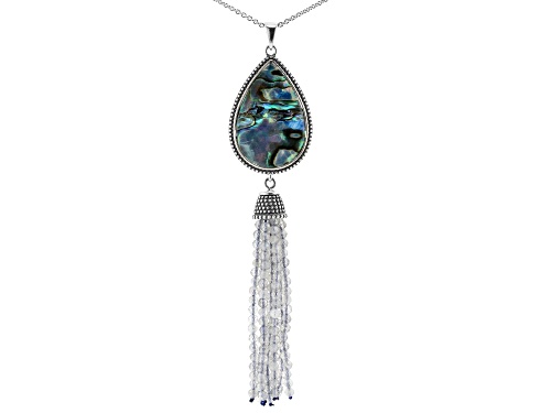 Photo of 30x20mm Abalone Shell with Beaded Labradorite Rhodium Over Sterling Silver Tassel Pendant with Chain