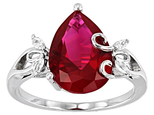 Photo of 4.11ctw Pear Shape Lab Created Ruby and 0.14ctw Topaz Rhodium Over Silver Ring - Size 10