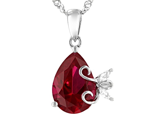 Photo of 3.86ct Pear Shape Lab Created Ruby & 0.07ctw White Topaz Rhodium Over Silver Pendant W/Chain