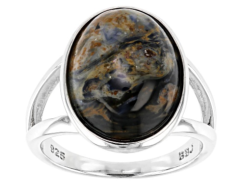 Photo of 16x12mm Oval Cabochon Blue Pietersite Rhodium Over Sterling Silver Solitaire Ring - Size 7