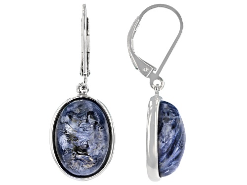 Photo of 14x10mm Oval Cabochon Blue Pietersite Rhodium Over Sterling Silver Dangle Earrings