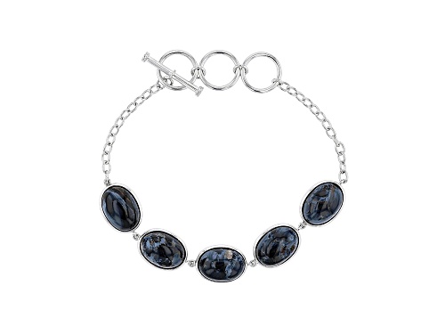Photo of 14x10mm Oval Cabochon Blue Pietersite Rhodium Over Sterling Silver Bracelet - Size 7.25