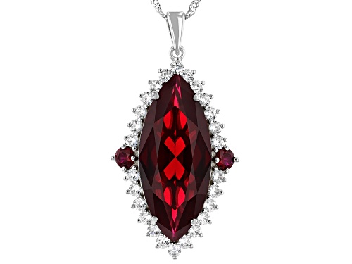23.02ctw Lab Created Ruby With 2.60ctw White Zircon Rhodium Over Silver Pendant With Chain