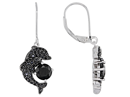 2.58ctw Round Black Spinel Rhodium Over Sterling Silver Dolphin Earrings
