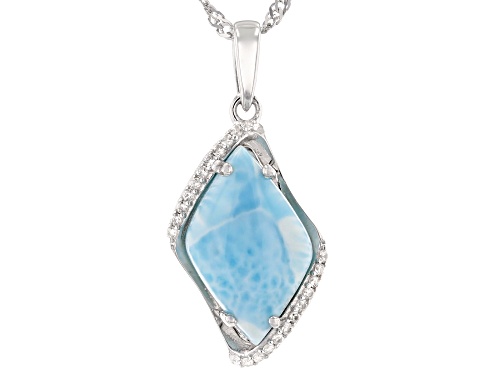 Photo of 14x8mm Fancy Shape Larimar and 0.10ctw White Zircon Rhodium Over Sterling Silver Pendant With Chain