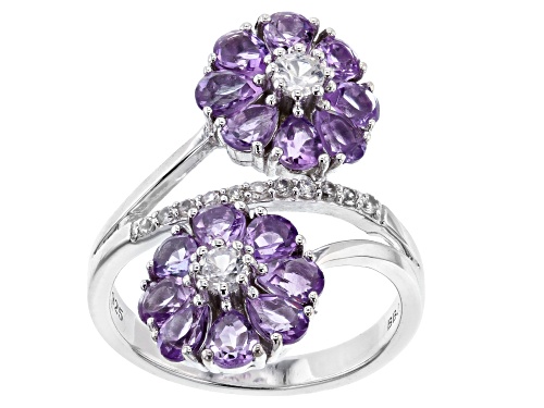 Photo of 1.90ctw Pear Shape Amethyst and 0.38ctw White Zircon Rhodium Over Silver Flower Bypass Ring - Size 8