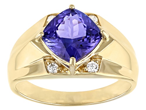 3.10ct Square Cushion Tanzanite And 0.14ctw Round White Diamond 14k Yellow Gold Men's Ring - Size 11