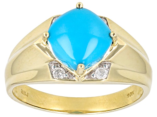 Photo of 9mm Square Cushion Sleeping Beauty Turquoise With 0.13ctw White Diamond 10k Yellow Gold Men's Ring - Size 13