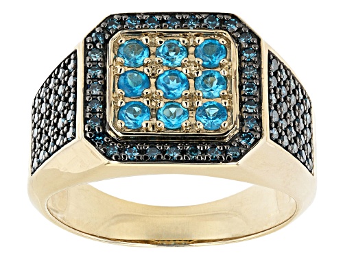 0.58ctw Round Neon Apatite With 0.60ctw Round Blue Diamond 10k Yellow Gold Men's Ring - Size 11